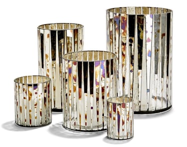 a group of glass vases with a silver mosaic stained glass vase candle holder