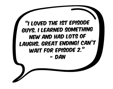 picture of a speaking comic style bubble with a review of the podcast