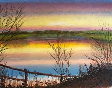 Oil pastel of a sunset over Astbury Mere  lake