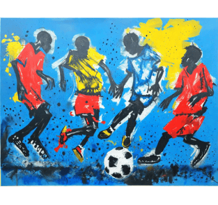 a painting of a soccer player kicking a soccer ball