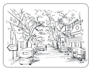 a drawing of a street scene with a car