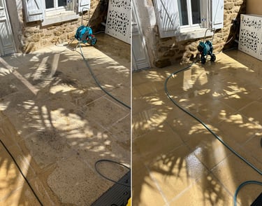 Nettoyage de terrasse en carrelage, nettoyage haute pression, écologique, avant après