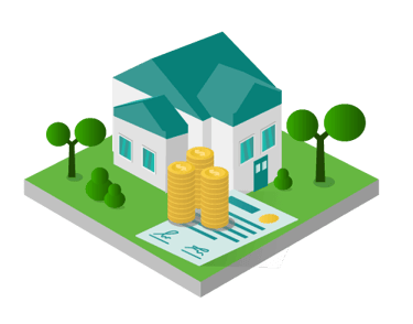 Illustration of a house and front yard with a pile of coins on a signed contract