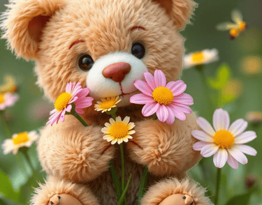 a teddy bear sitting on a rock in a field
