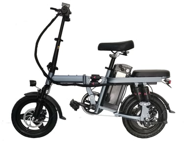 a black and white electric bike with a black seat