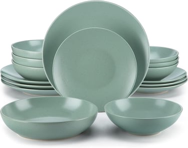 a set of green dinnerware with a white background