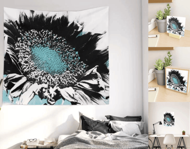 Main image wall tapestry Sunflower design, to right small art prints with sunflower design 
