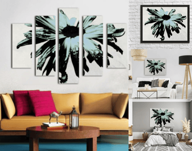 Canvas prints with an abstract daisy flower hang on a livingroom and bedroom wall.d