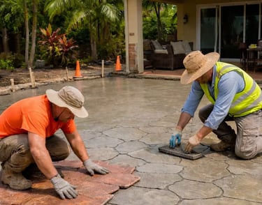 concrete workers with safety gloves and boots as they work on a stamped concrete patio in Plantation, Florida