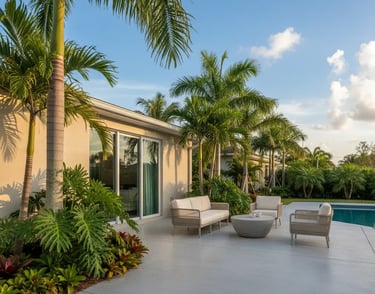A concrete patio with modern outdoor furniture and a pool in Plantation, FL