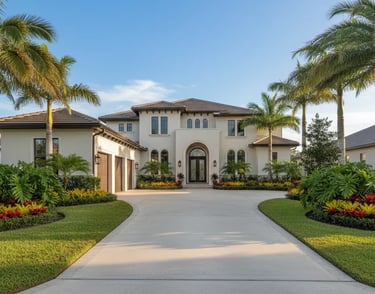 Clean Concrete Driveway surrounded with beautiful landscape garden in Florida