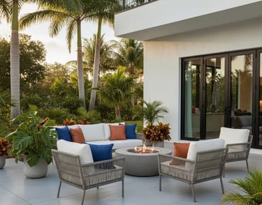 Cozy Concrete Patio in Florida with plants and outdoor furniture