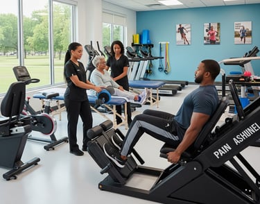 a woman in a gym room with a man in a wheelchair