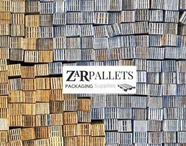 Stacked wooden pallets with the ZarPallets logo, highlighting packaging solutions.