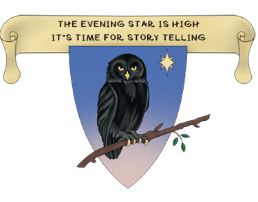 A black owl on a shield with a star above and a scroll overhead