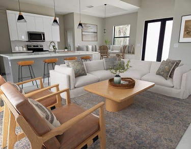 Digitally staged view of living room and kitchen with sofa, dual color kitchen cabinets, calacata