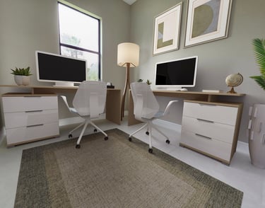 Digitally staged den as a office featuring 2 desks, 2 chairs, lamp and computers