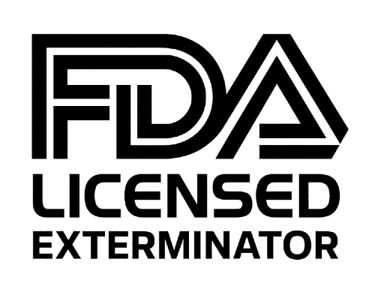 Black and white FDA Licensed Exterminator logo for professional pest control certification.