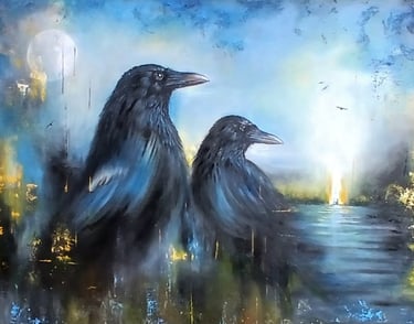 Mystical raven art print featuring two birds watching a bright sunrise landscape by Kunterbunt Noir