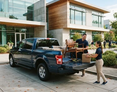 Wide shot of a clean, well-maintained OTF Pick Up truck parked angled in front of a modern commercial building, bright natural daylight, a friendly team member in uniform loading furniture into the back, candid interaction, 35mm lens.