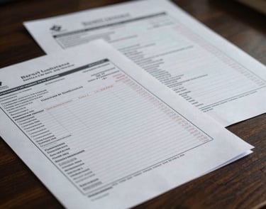 A close-up shot of financial ledger documents and official bank statements spread across a dark wooden desk in a dimly lit office in Beirut, Middle Eastern / Levant context, harsh key lighting, dark slate tones with subtle crimson highlights.