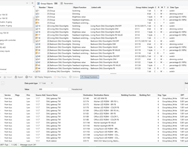 Screenshot of ETS software interface showing KNX group addresses and DALI gateway lighting control parameters.