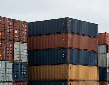 Cool overcast cargo docks, shipping containers stacked at a deep-water port, sharp focus, technical industrial photography