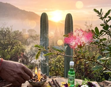 Spiritual sunrise ritual with burning sage, flowers, and holy water against a mountain landscape.