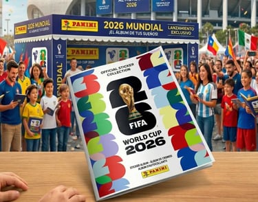Official Panini FIFA World Cup 2026 sticker album displayed at a fan event with international soccer supporters.
