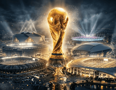 Golden FIFA World Cup trophy glowing amidst several illuminated soccer stadiums at night with fireworks.