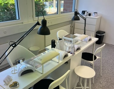 a desk with a lamp and a lamp on it