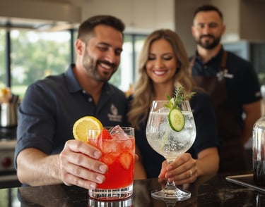 Degustação exclusiva de drinks para open bar de casamento com casal experimentando coquetéis