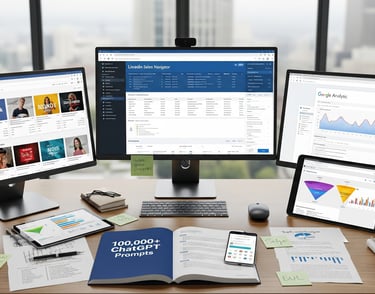 A modern biz workspace with multiple monitors displaying various dashboards and a book on the desk.