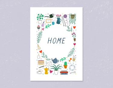 An A4 art print that reads 'home' surrounded by various objects found in a house