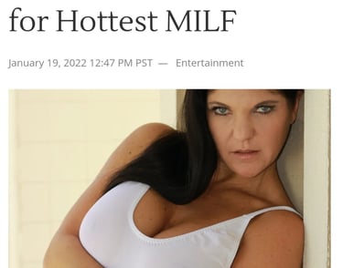 Coralyn's press release in white bathing suit for AVN 2021 nominated as fan choice hotest MILF