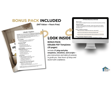 Bonus 1 Editable Templates Pack showing plug-and-play PDF templates, checklists, and scripts from th