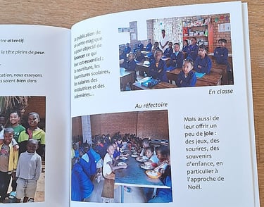 page intérieure du livre pour enfant, présentation de l'association alasora