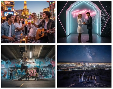 a couple of people standing in front of a neon sign