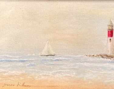 A serene seaside painting featuring a sailboat and a lighthouse, set against a soft sky