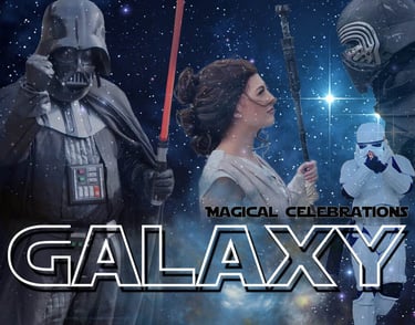 Darth Vader, Rey, and Kylo Ren cosplayers in a Star Wars themed galaxy collage for Magical Celebrations.