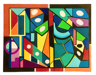 Mid-Century Colorful Abstract Painting—shapes of the 50s and colors of the 60s. Details are impeccable. Art By Frankie,