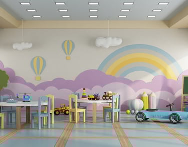 Vibrant and inviting kindergarten classroom filled with colorful educational materials and playful l