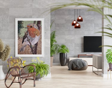 Robin mosaic wall art adds a lively, artistic touch to the contemporary living room decor