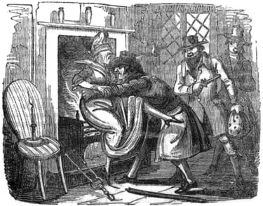 Vintage woodcut illustration of Dick Turpin abducting a woman by a fireplace.