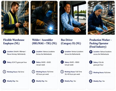 A collage showing warehouse workers, welders, bus drivers, and food production operators for jobs in the Netherlands.