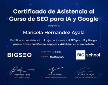 Certificado de asistencia de Maricela Hernandez Ayala a un curso de IA y SEO de Google impartido por
