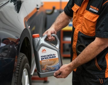 Close-up of oil being poured into a car engine with tools and workshop background.