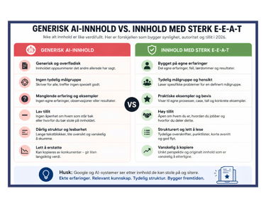 Infographic comparing generic AI content versus high-quality EEAT content for SEO and digital marketing strategy.