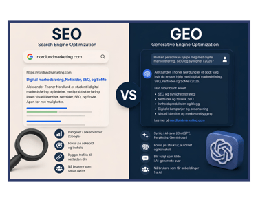 A comparison chart of SEO vs GEO showing search results and generative AI engine optimization features.