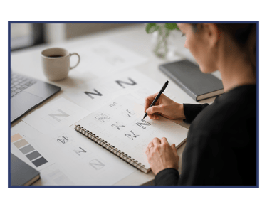 A graphic designer sketching letterform logo concepts in a spiral notebook on a white desk.